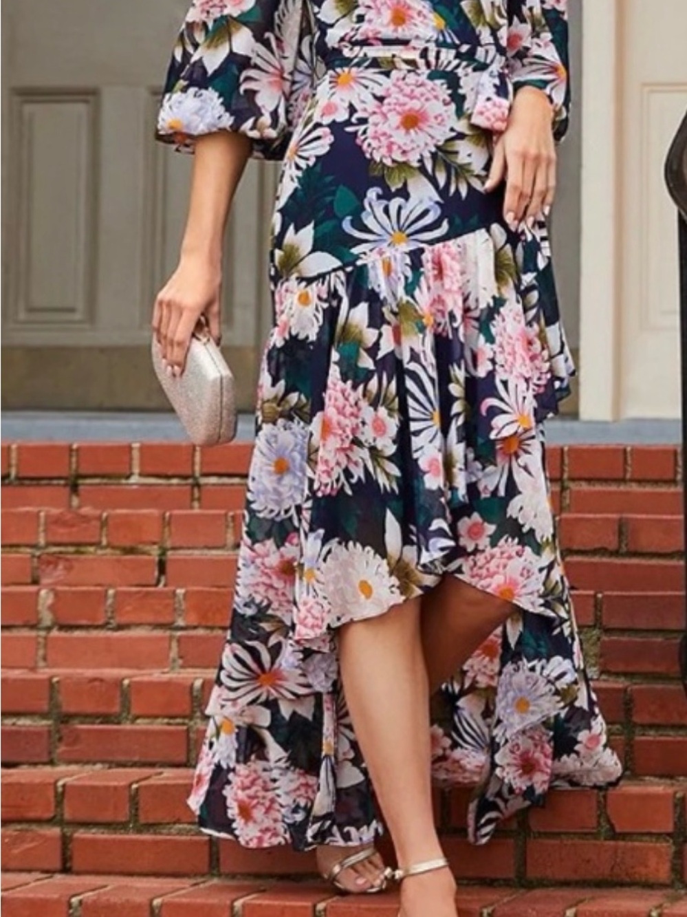 Eliza J Navy Floral High-Low Maxi Skirt with Pink & White Blooms
